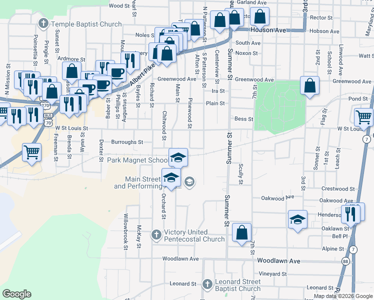 map of restaurants, bars, coffee shops, grocery stores, and more near 111 Leeper Street in Hot Springs