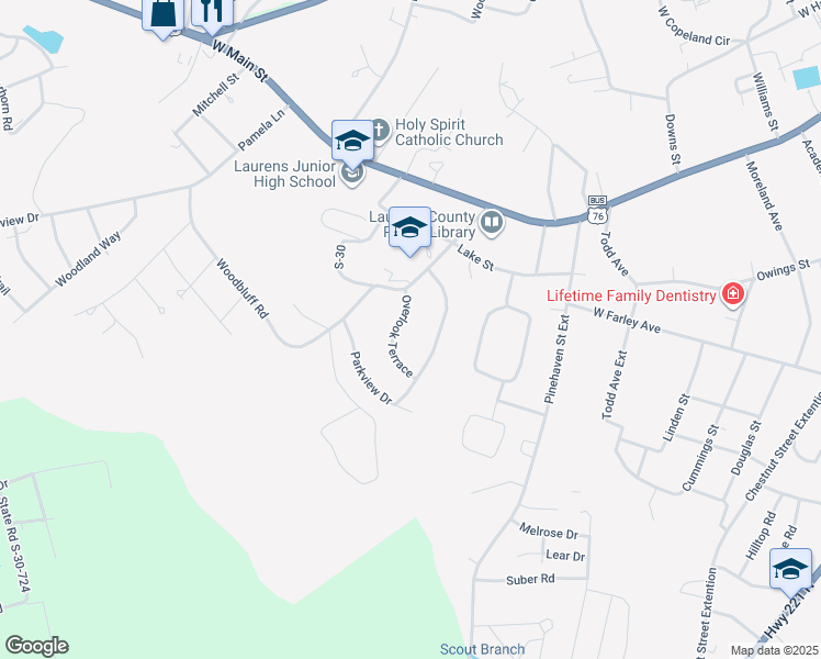map of restaurants, bars, coffee shops, grocery stores, and more near 107 Overlook Terrace in Laurens