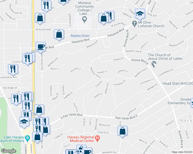 map of restaurants, bars, coffee shops, grocery stores, and more near 1960 Papago Drive in Lake Havasu City