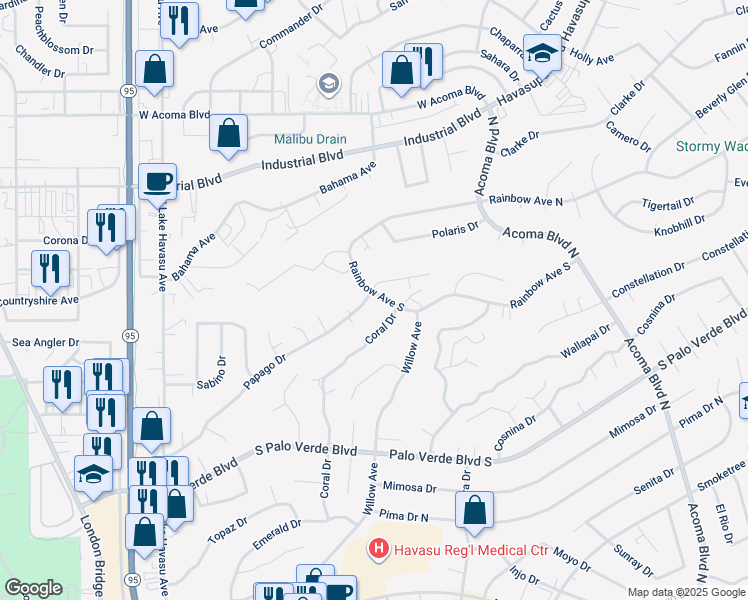 map of restaurants, bars, coffee shops, grocery stores, and more near 1960 Papago Drive in Lake Havasu City