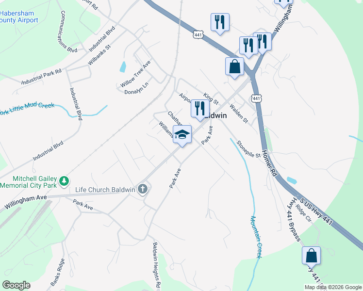 map of restaurants, bars, coffee shops, grocery stores, and more near 1123 Park Avenue in Baldwin