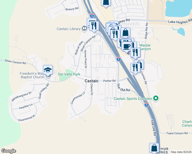 map of restaurants, bars, coffee shops, grocery stores, and more near 27829 Parker Road in Castaic