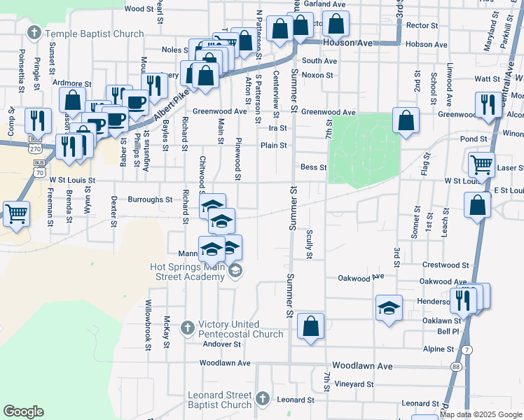 map of restaurants, bars, coffee shops, grocery stores, and more near 517 South Patterson Street in Hot Springs