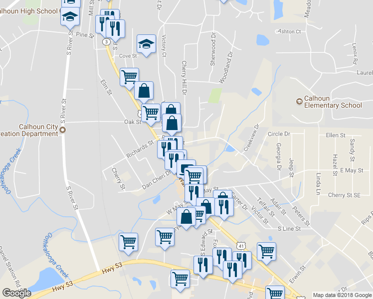 map of restaurants, bars, coffee shops, grocery stores, and more near 117 Peters Street in Calhoun