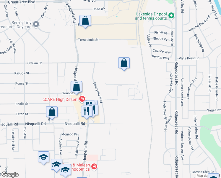 map of restaurants, bars, coffee shops, grocery stores, and more near 13243 Nutro Way in Victorville