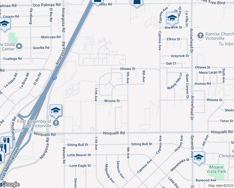 map of restaurants, bars, coffee shops, grocery stores, and more near 15512 Kadota Place in Victorville