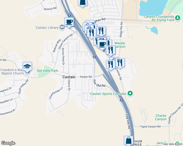 map of restaurants, bars, coffee shops, grocery stores, and more near 31413 Arena Drive in Castaic