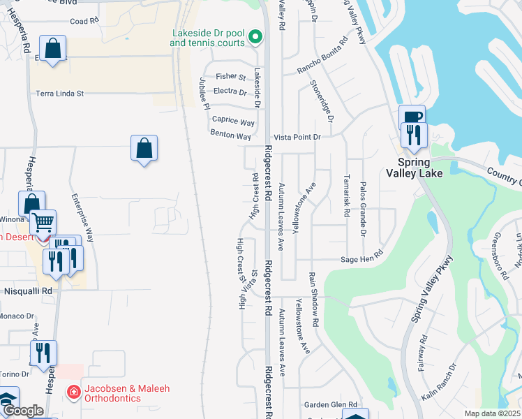 map of restaurants, bars, coffee shops, grocery stores, and more near 13111 High Crest Road in Victorville
