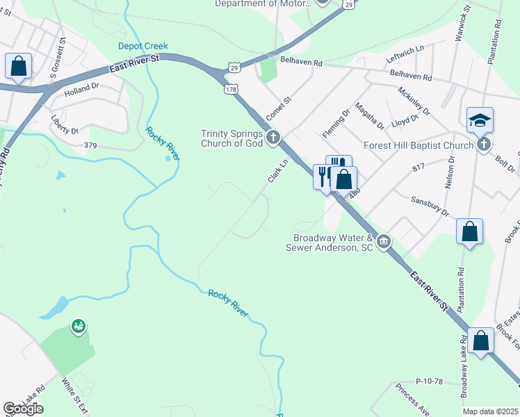 map of restaurants, bars, coffee shops, grocery stores, and more near 405 Clark Lane in Anderson