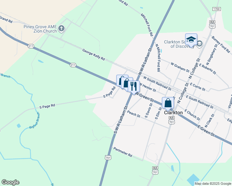 map of restaurants, bars, coffee shops, grocery stores, and more near Melvin Street in Clarkton
