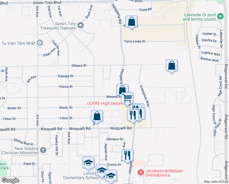 map of restaurants, bars, coffee shops, grocery stores, and more near 13125 Winona Way in Victorville
