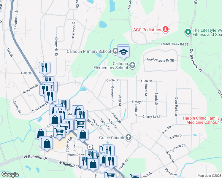 map of restaurants, bars, coffee shops, grocery stores, and more near 111 Georgia Drive in Calhoun