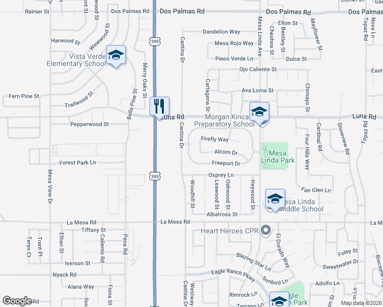map of restaurants, bars, coffee shops, grocery stores, and more near 13159 Andrea Drive in Victorville