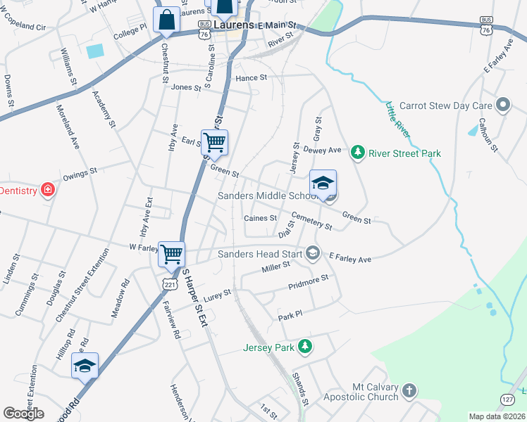 map of restaurants, bars, coffee shops, grocery stores, and more near 137 Cemetery Street in Laurens
