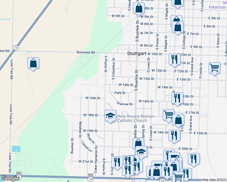 map of restaurants, bars, coffee shops, grocery stores, and more near 808 Park Drive in Stuttgart