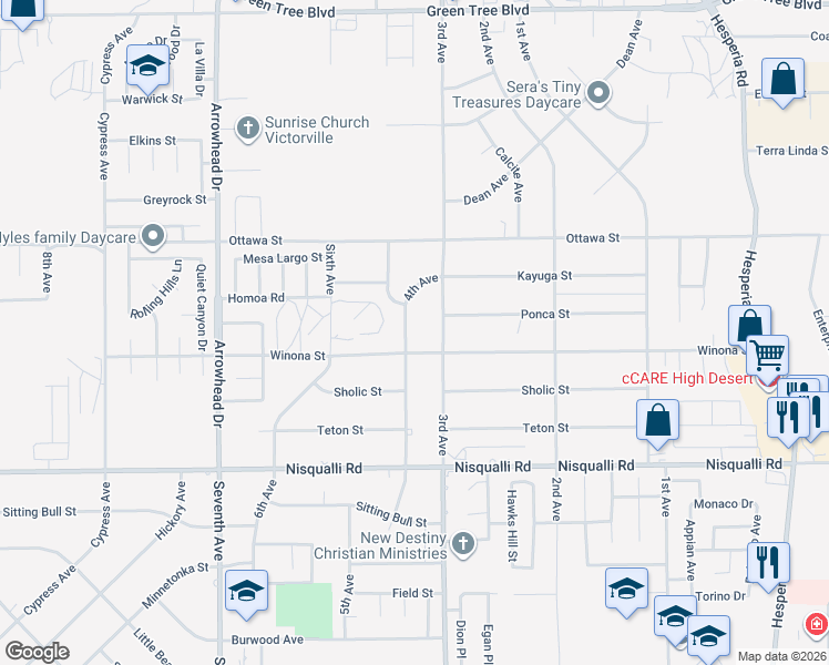 map of restaurants, bars, coffee shops, grocery stores, and more near 13133 4th Avenue in Victorville