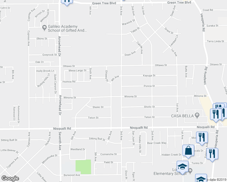 map of restaurants, bars, coffee shops, grocery stores, and more near 13133 4th Avenue in Victorville