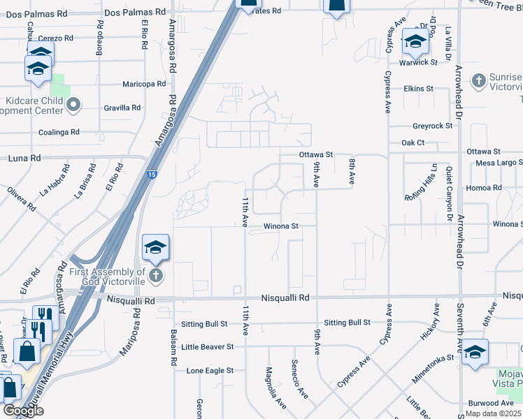 map of restaurants, bars, coffee shops, grocery stores, and more near 15542 Keokuk Way in Victorville