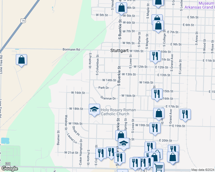 map of restaurants, bars, coffee shops, grocery stores, and more near 706 West 15th Street in Stuttgart