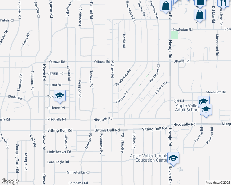 map of restaurants, bars, coffee shops, grocery stores, and more near 13089 Mohawk Road in Apple Valley