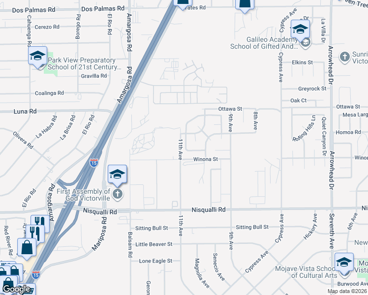 map of restaurants, bars, coffee shops, grocery stores, and more near 13132 Kootenay Way in Victorville