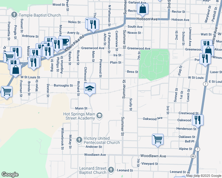 map of restaurants, bars, coffee shops, grocery stores, and more near 517 South Patterson Street in Hot Springs