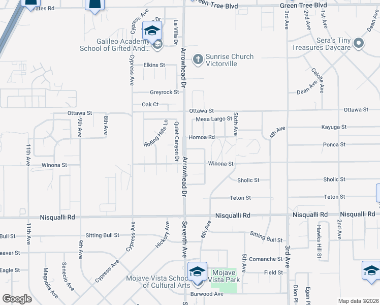 map of restaurants, bars, coffee shops, grocery stores, and more near 16117 Dunning Way in Victorville