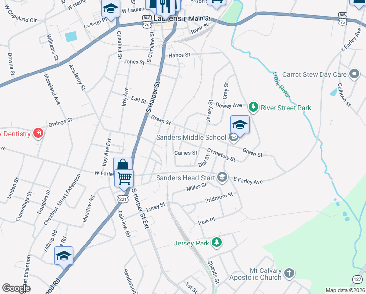 map of restaurants, bars, coffee shops, grocery stores, and more near 137 Cemetery Street in Laurens