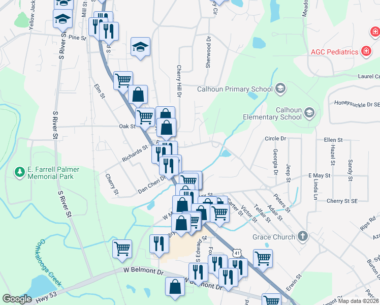 map of restaurants, bars, coffee shops, grocery stores, and more near 117 Peters Street in Calhoun
