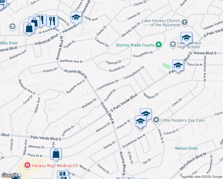 map of restaurants, bars, coffee shops, grocery stores, and more near 2305 Cosnina Drive in Lake Havasu City