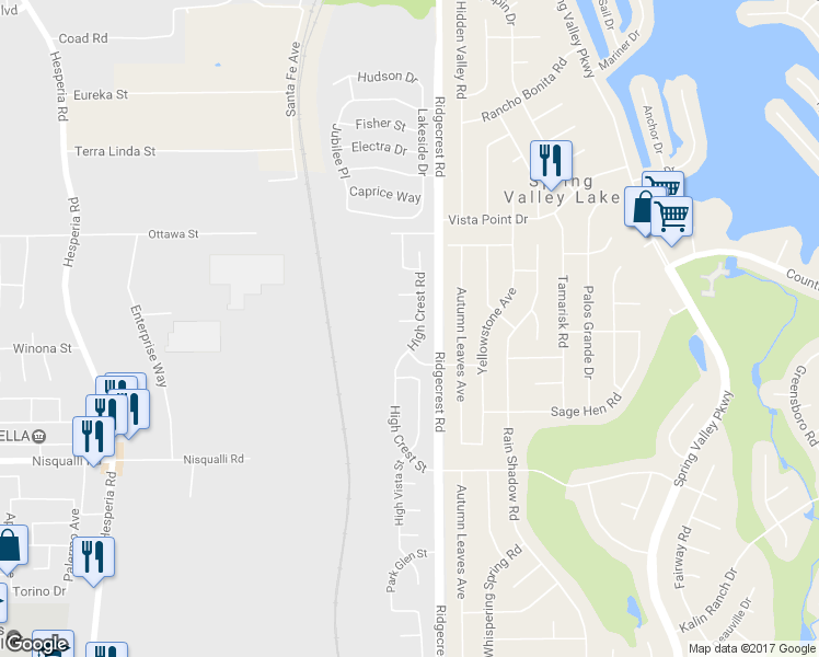 map of restaurants, bars, coffee shops, grocery stores, and more near 17653 High Bluff Court in Victorville