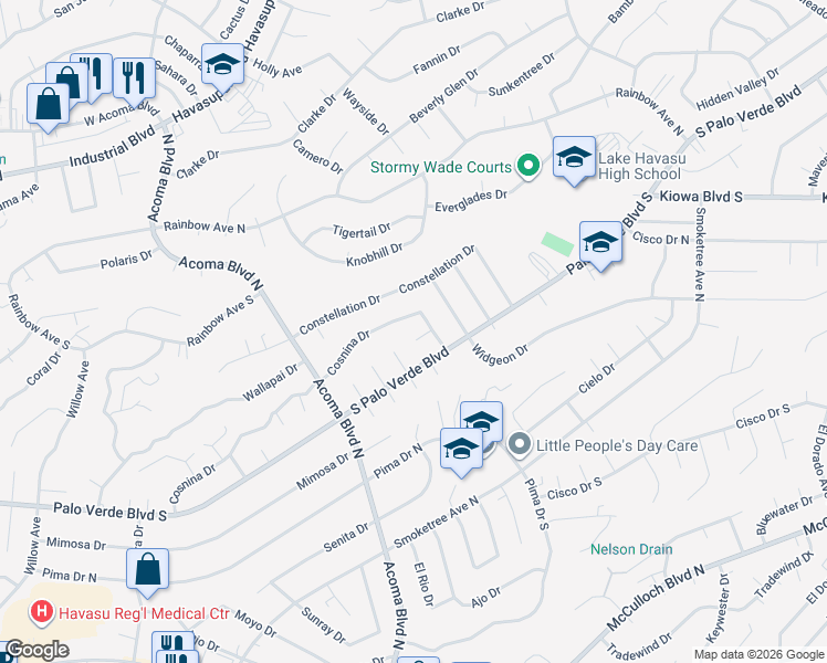 map of restaurants, bars, coffee shops, grocery stores, and more near 377 Meteor Lane in Lake Havasu City