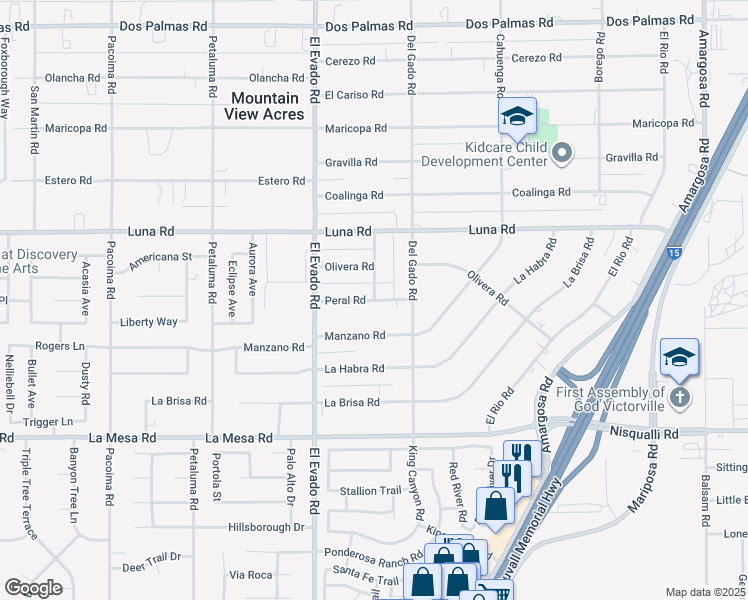 map of restaurants, bars, coffee shops, grocery stores, and more near Peral Road in Mountain View Acres