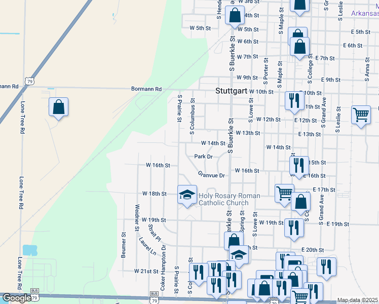 map of restaurants, bars, coffee shops, grocery stores, and more near 808 Park Drive in Stuttgart