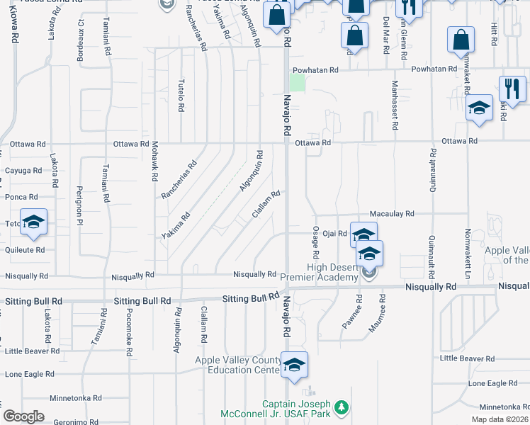 map of restaurants, bars, coffee shops, grocery stores, and more near 13101 Clallam Road in Apple Valley