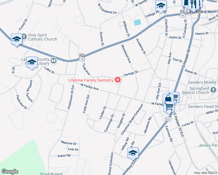 map of restaurants, bars, coffee shops, grocery stores, and more near 415 West Farley Avenue in Laurens