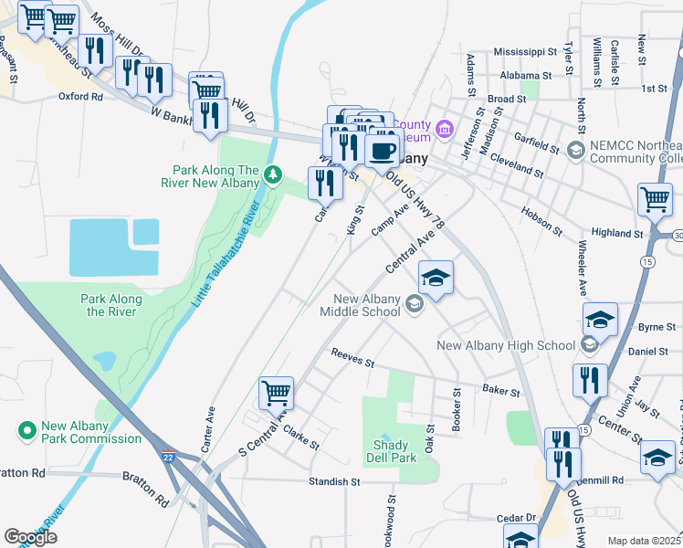 map of restaurants, bars, coffee shops, grocery stores, and more near 201-299 Oak St in New Albany