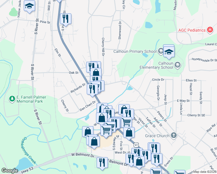 map of restaurants, bars, coffee shops, grocery stores, and more near 117 Peters Street in Calhoun