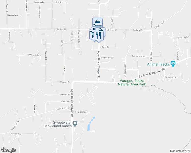 map of restaurants, bars, coffee shops, grocery stores, and more near 33029 Agua Dulce Canyon Road in Santa Clarita