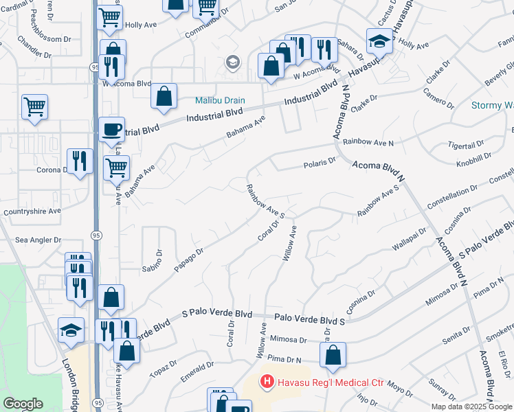 map of restaurants, bars, coffee shops, grocery stores, and more near 1903 Rainbow Avenue South in Lake Havasu City