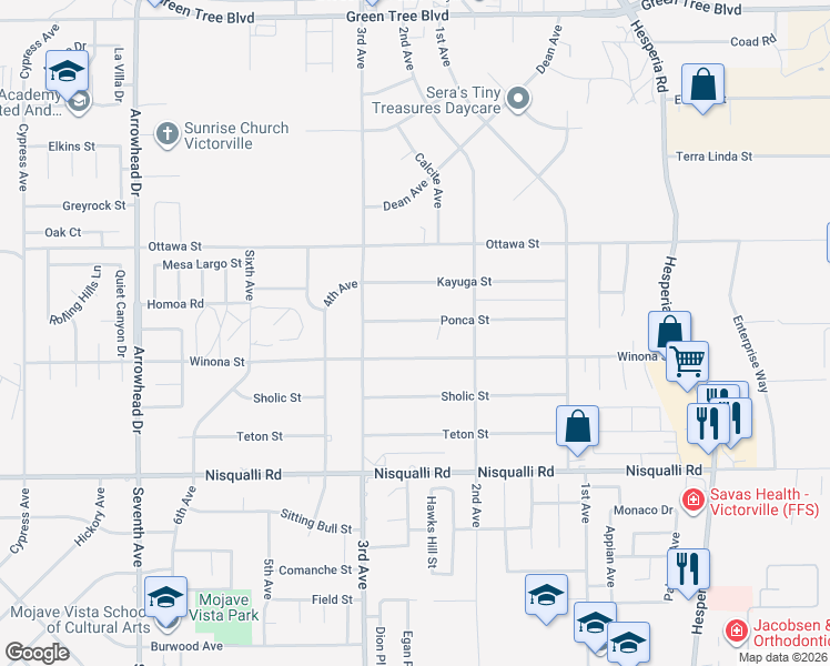 map of restaurants, bars, coffee shops, grocery stores, and more near 16591 Ponca Street in Victorville