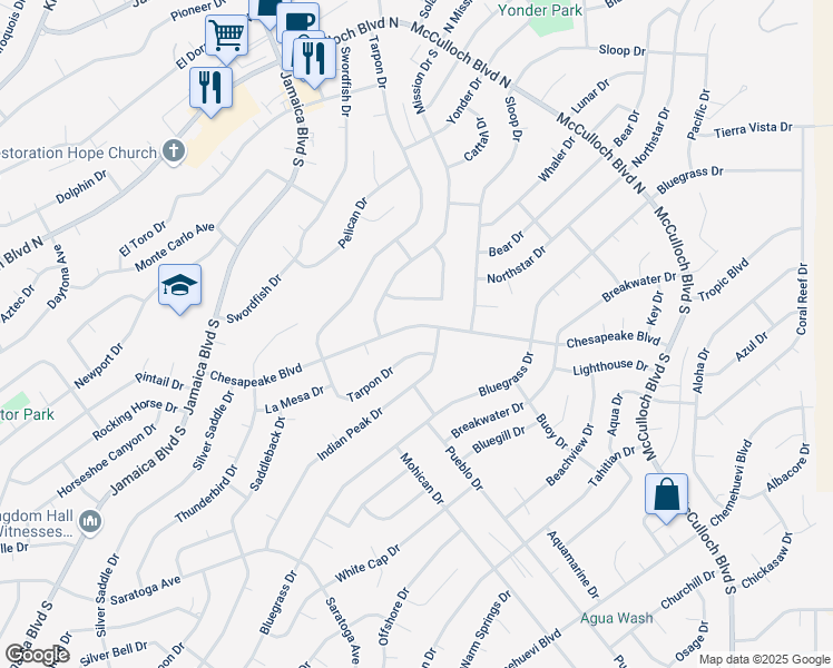 map of restaurants, bars, coffee shops, grocery stores, and more near 3408 Tarpon Drive in Lake Havasu City