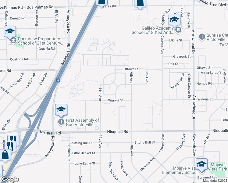 map of restaurants, bars, coffee shops, grocery stores, and more near 13164 Keokuk Street in Victorville