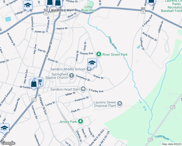 map of restaurants, bars, coffee shops, grocery stores, and more near 609 Green Street in Laurens