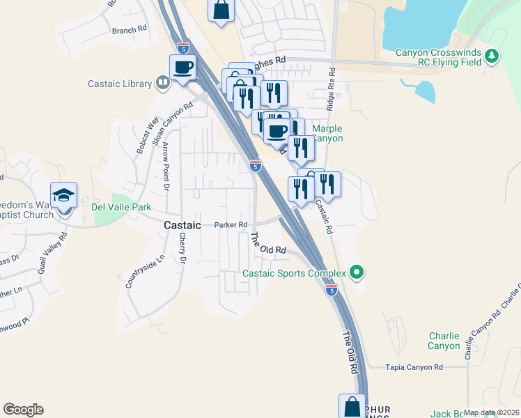 map of restaurants, bars, coffee shops, grocery stores, and more near 31413 Arena Drive in Castaic
