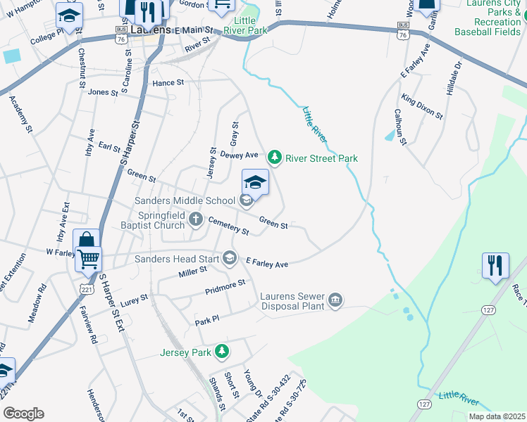 map of restaurants, bars, coffee shops, grocery stores, and more near 609 Green Street in Laurens