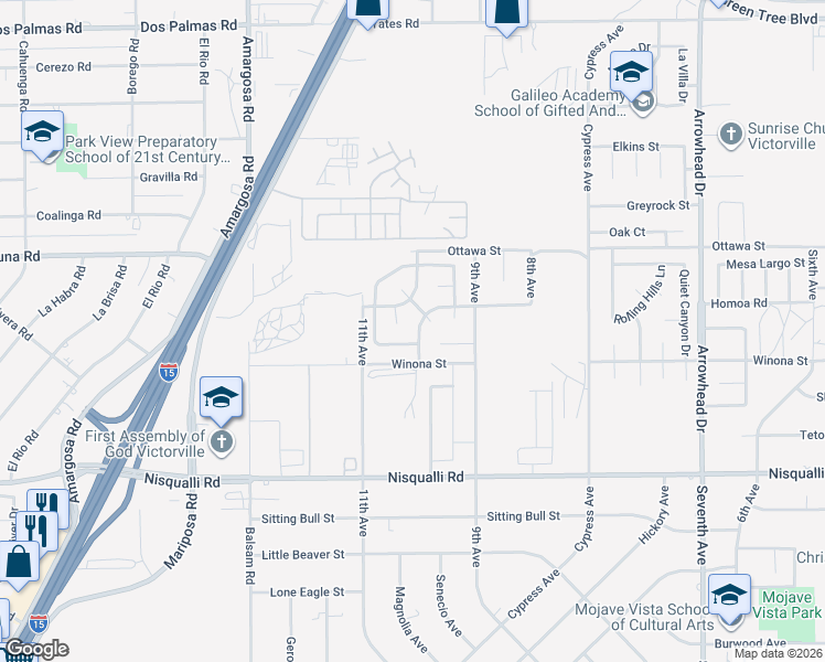 map of restaurants, bars, coffee shops, grocery stores, and more near 13164 Keokuk Street in Victorville