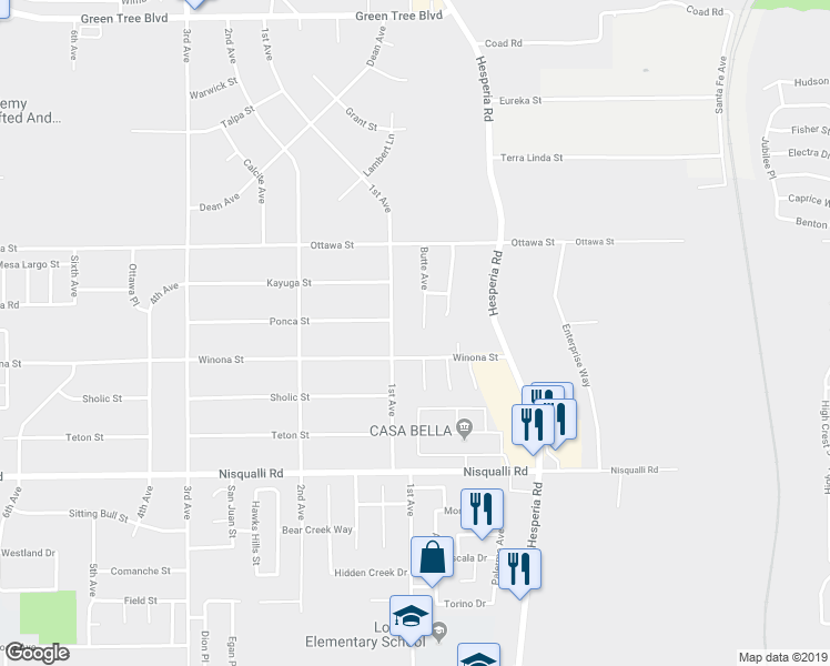 map of restaurants, bars, coffee shops, grocery stores, and more near 13148 Butte Avenue in Victorville