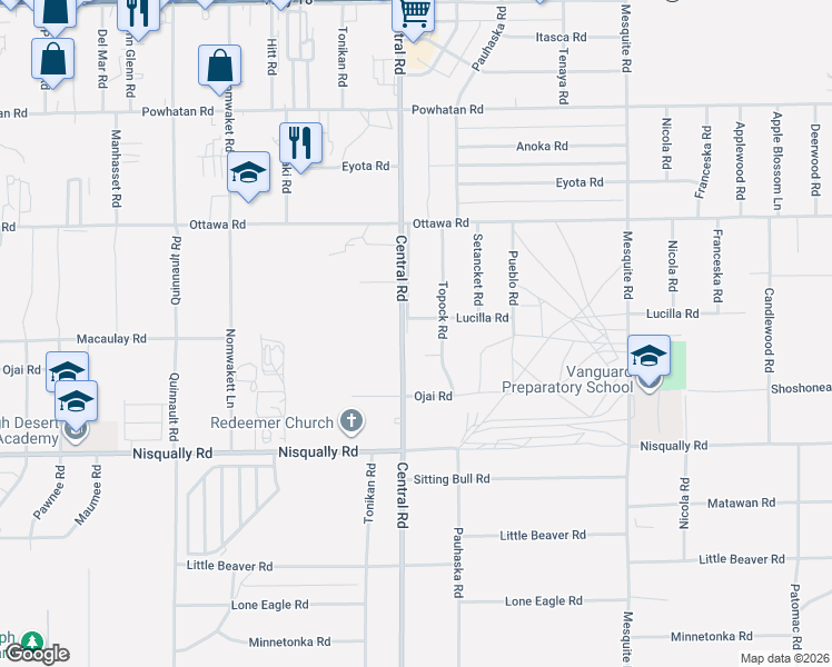map of restaurants, bars, coffee shops, grocery stores, and more near 22522 Topock Court in Apple Valley