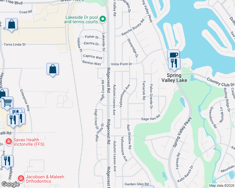 map of restaurants, bars, coffee shops, grocery stores, and more near 13120 Yellowstone Avenue in Victorville